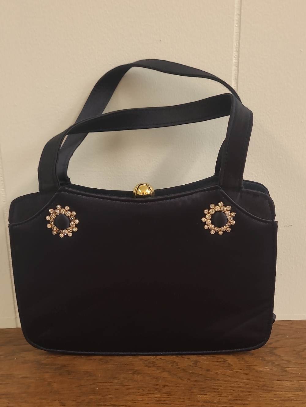Sasha Vintage Navy Blue Satin Wrist Handbag with Rhinestone/Gold Accents